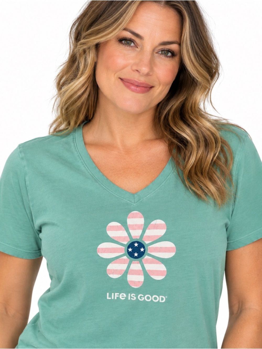 Life Is Good women’s vneck Tee - Teal flower patriotic Xl